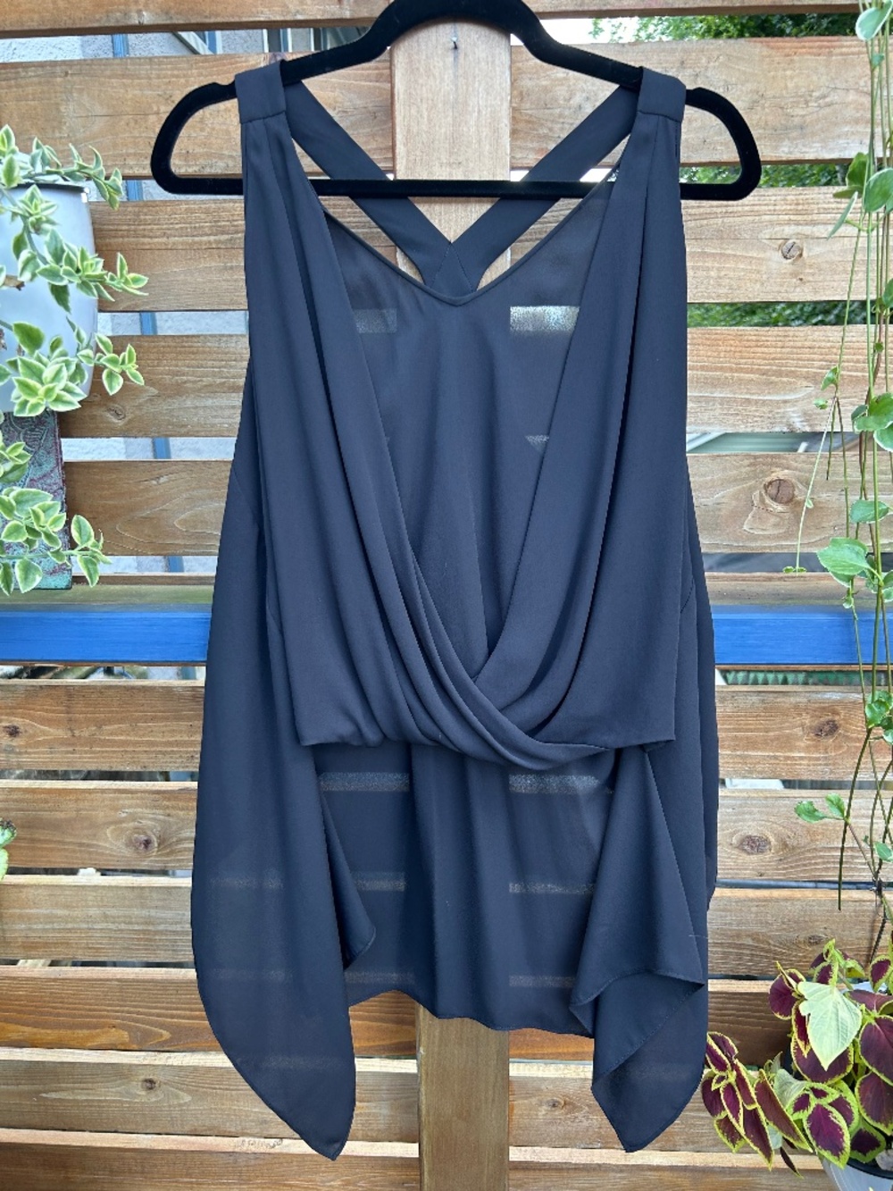 BCBGMAXAZRIA Black Sheer Draped Cross Back Asymmetrical Blouse